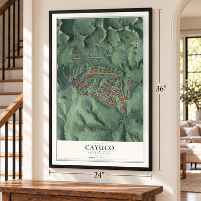 Cayuco, Puerto Rico map, 24 x 36 inch print in a black frame by a staircase