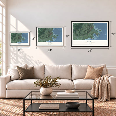 Ceiba, Puerto Rico map in 12 x 18, 18 x 24 and 24 x 36 inch sizes above a sofa