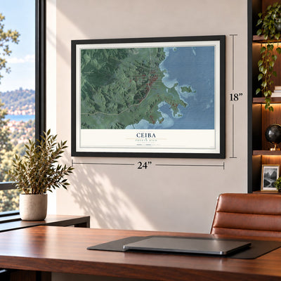 Ceiba, Puerto Rico map, 18 x 24 inch print in a black frame in a home office