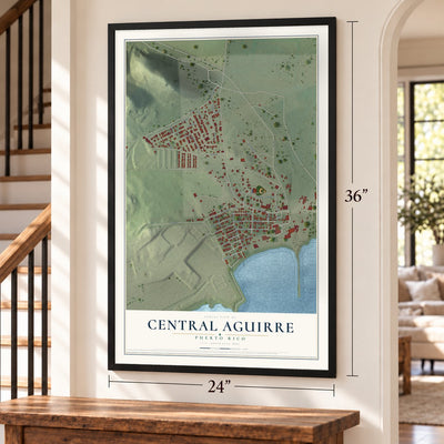 Central Aguirre, Puerto Rico map, 24 x 36 inch print in a black frame by a staircase