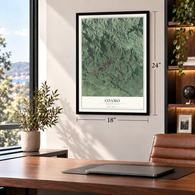 Coamo, Puerto Rico map, 18 x 24 inch print in a black frame in a home office