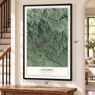 Coamo, Puerto Rico map, 24 x 36 inch print in a black frame by a staircase