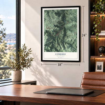 Comerío, Puerto Rico map, 18 x 24 inch print in a black frame in a home office