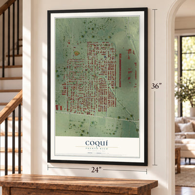 Coquí, Puerto Rico map, 24 x 36 inch print in a black frame by a staircase