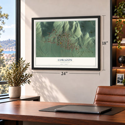 Corazón, Puerto Rico map, 18 x 24 inch print in a black frame in a home office