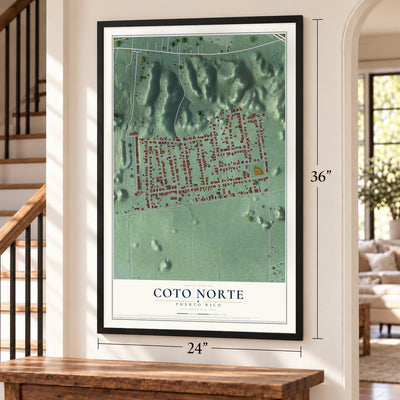 Coto Norte, Puerto Rico map, 24 x 36 inch print in a black frame by a staircase