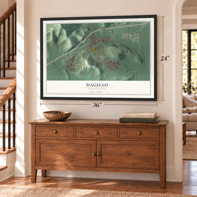 Daguao, Puerto Rico map, 24 x 36 inch print in a black frame above a dresser by a staircase