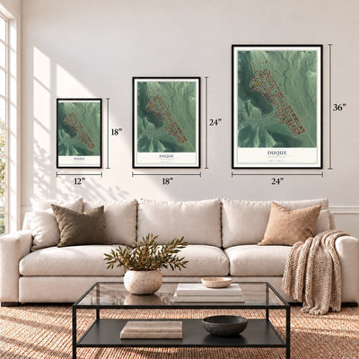 Duque, Puerto Rico map in 12 x 18, 18 x 24 and 24 x 36 inch sizes above a sofa