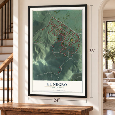 El Negro, Puerto Rico map, 24 x 36 inch print in a black frame by a staircase