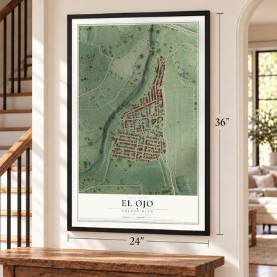 El Ojo, Puerto Rico map, 24 x 36 inch print in a black frame by a staircase