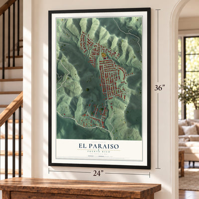 El Paraiso, Puerto Rico map, 24 x 36 inch print in a black frame by a staircase