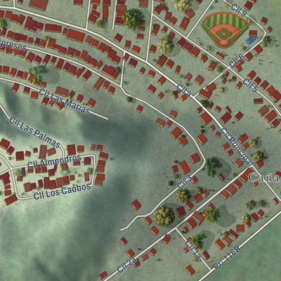 Close-up of the map of El Tumbao, Puerto Rico print showing street and building detail