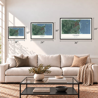 Fajardo, Puerto Rico map in 12 x 18, 18 x 24 and 24 x 36 inch sizes above a sofa