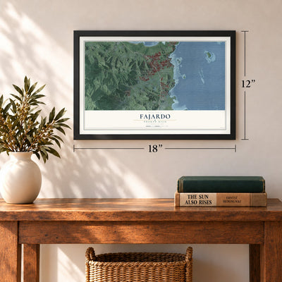 Fajardo, Puerto Rico map, 12 x 18 inch print in a black frame in an entryway