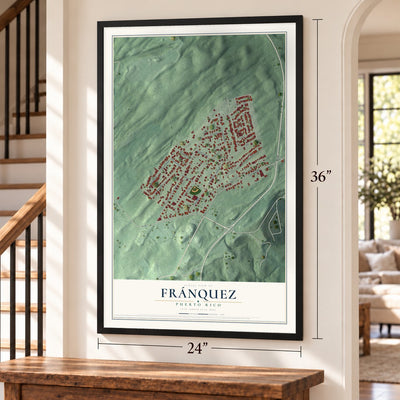 Fránquez, Puerto Rico map, 24 x 36 inch print in a black frame by a staircase