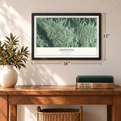 Frontón, Puerto Rico map, 12 x 18 inch print in a black frame in an entryway
