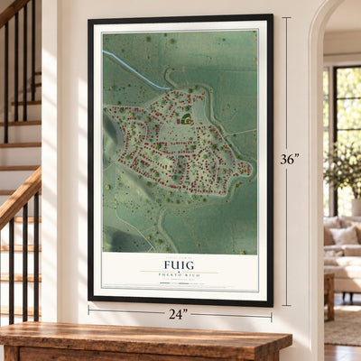 Fuig, Puerto Rico map, 24 x 36 inch print in a black frame by a staircase