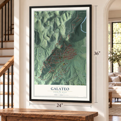 Galateo, Puerto Rico map, 24 x 36 inch print in a black frame by a staircase