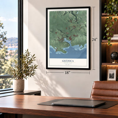Guánica, Puerto Rico map, 18 x 24 inch print in a black frame in a home office
