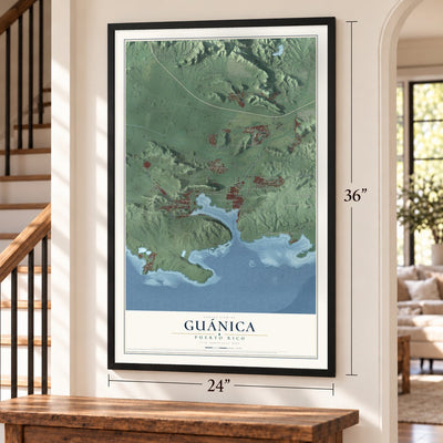 Guánica, Puerto Rico map, 24 x 36 inch print in a black frame by a staircase
