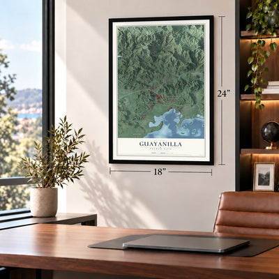 Guayanilla, Puerto Rico map, 18 x 24 inch print in a black frame in a home office