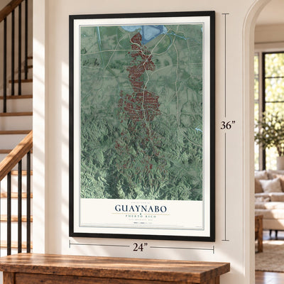 Guaynabo, Puerto Rico map, 24 x 36 inch print in a black frame by a staircase