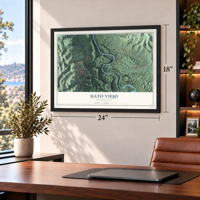Hato Viejo, Puerto Rico map, 18 x 24 inch print in a black frame in a home office