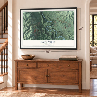 Hato Viejo, Puerto Rico map, 24 x 36 inch print in a black frame above a dresser by a staircase