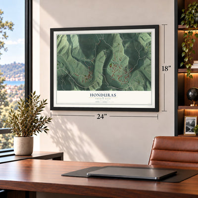 Honduras, Puerto Rico map, 18 x 24 inch print in a black frame in a home office