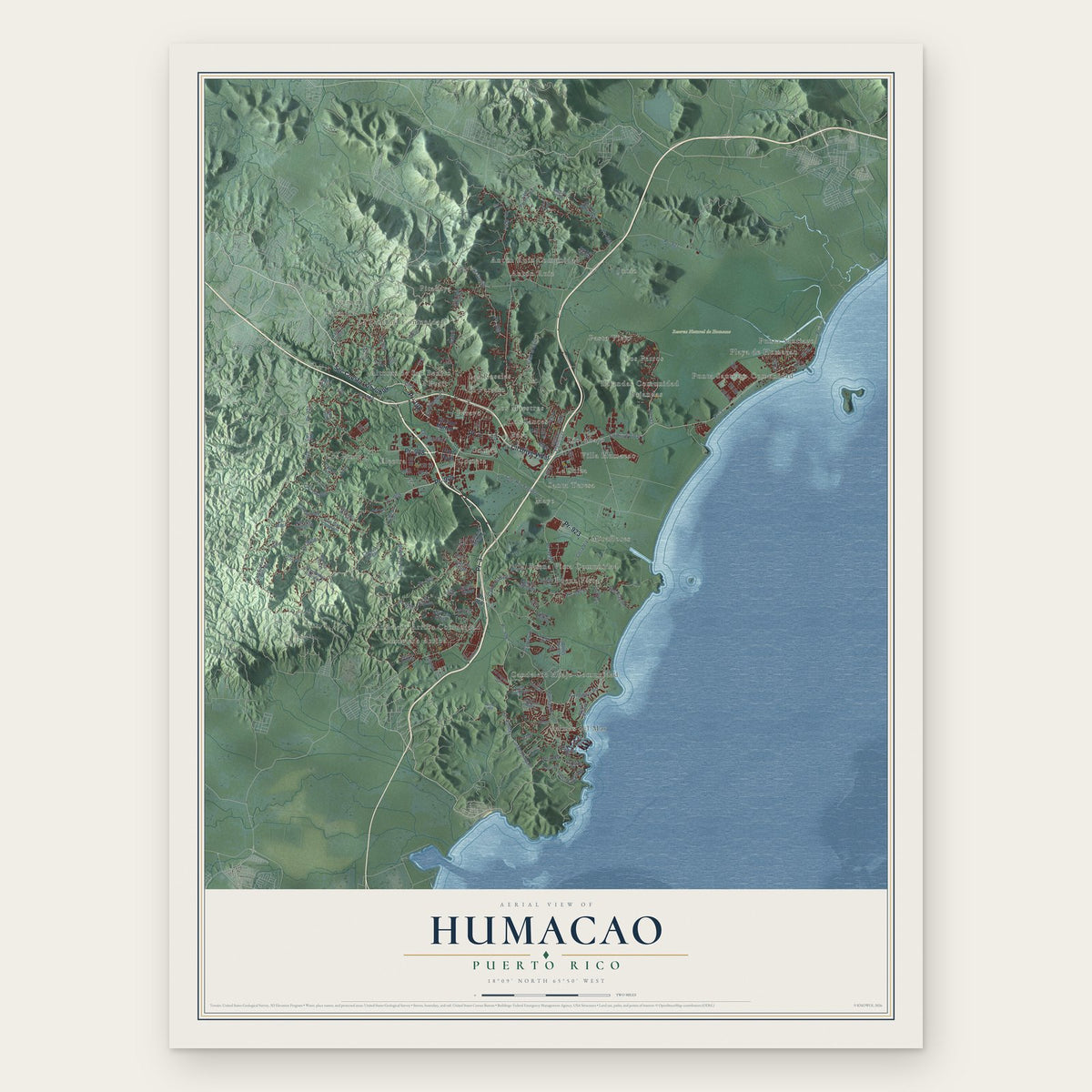 Humacao, Puerto Rico map print, the full design