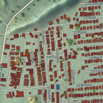 Close-up of the map of Imbéry, Puerto Rico print showing street and building detail