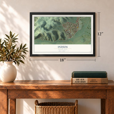 Indios, Puerto Rico map, 12 x 18 inch print in a black frame in an entryway