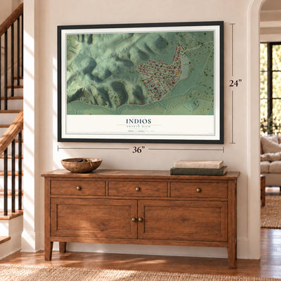 Indios, Puerto Rico map, 24 x 36 inch print in a black frame above a dresser by a staircase