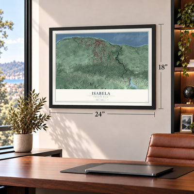 Isabela, Puerto Rico map, 18 x 24 inch print in a black frame in a home office
