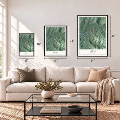 Isleta, Puerto Rico map in 12 x 18, 18 x 24 and 24 x 36 inch sizes above a sofa