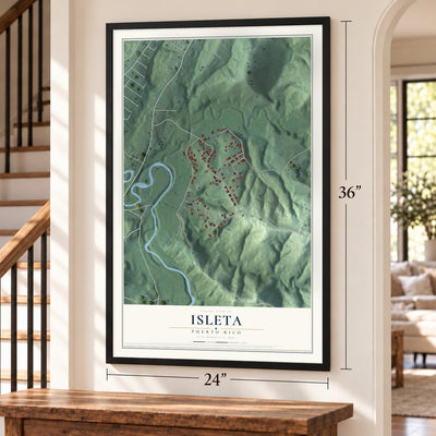 Isleta, Puerto Rico map, 24 x 36 inch print in a black frame by a staircase