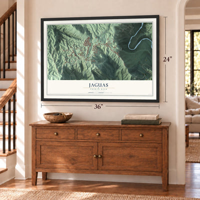 Jaguas, Puerto Rico map, 24 x 36 inch print in a black frame above a dresser by a staircase
