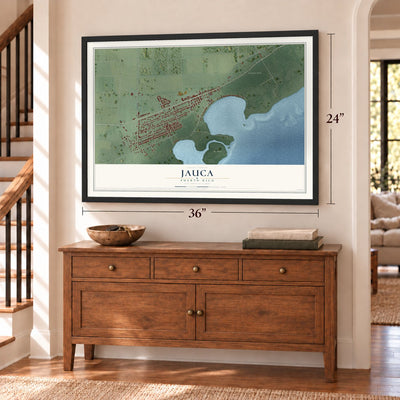Jauca, Puerto Rico map, 24 x 36 inch print in a black frame above a dresser by a staircase