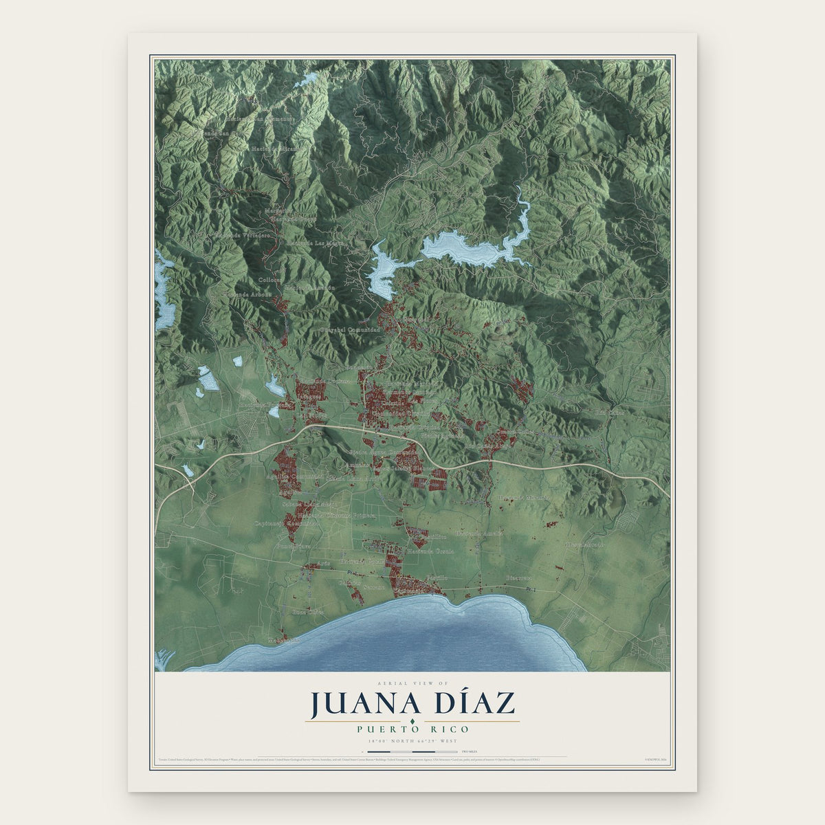 Juana Díaz, Puerto Rico map print, the full design