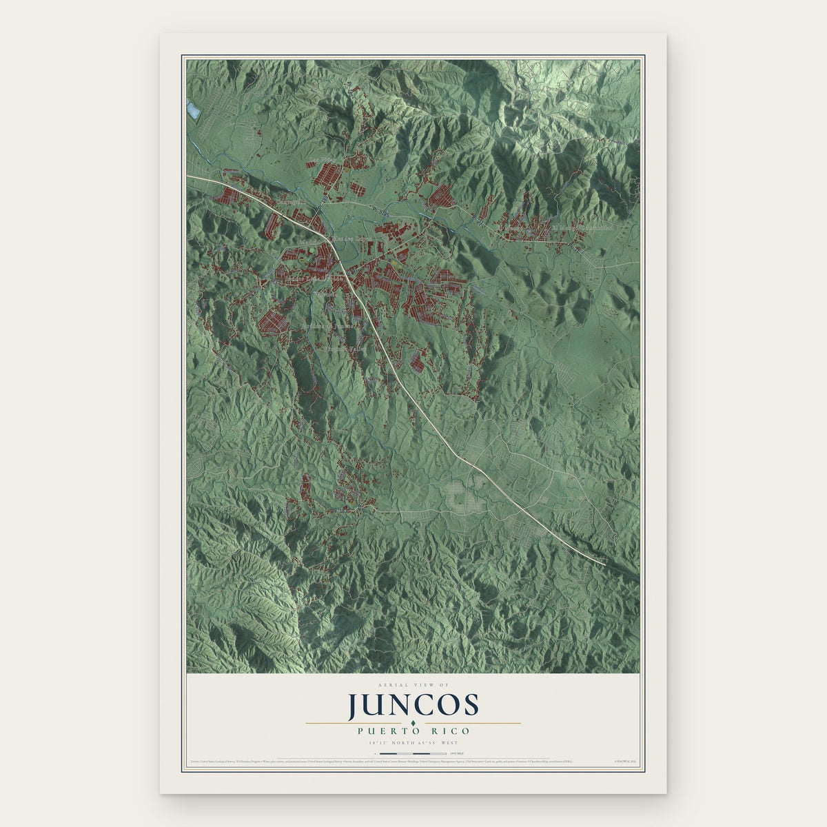 Juncos, Puerto Rico map print, the full design