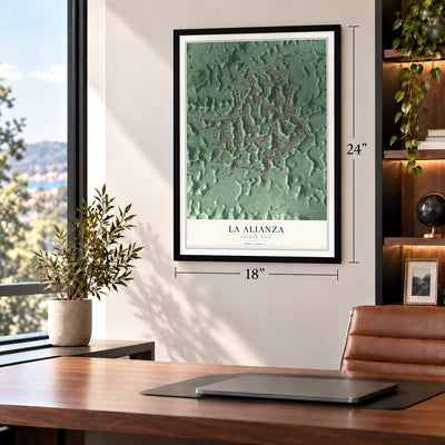 La Alianza, Puerto Rico map, 18 x 24 inch print in a black frame in a home office