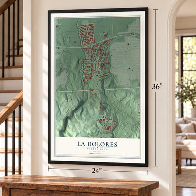 La Dolores, Puerto Rico map, 24 x 36 inch print in a black frame by a staircase