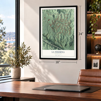 La Fermina, Puerto Rico map, 18 x 24 inch print in a black frame in a home office
