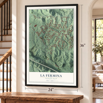 La Fermina, Puerto Rico map, 24 x 36 inch print in a black frame by a staircase