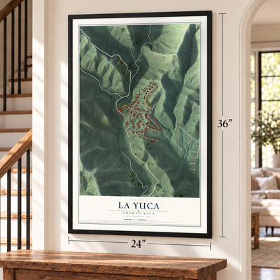 La Yuca, Puerto Rico map, 24 x 36 inch print in a black frame by a staircase