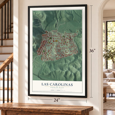Las Carolinas, Puerto Rico map, 24 x 36 inch print in a black frame by a staircase