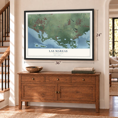 Las Mareas, Puerto Rico map, 24 x 36 inch print in a black frame above a dresser by a staircase