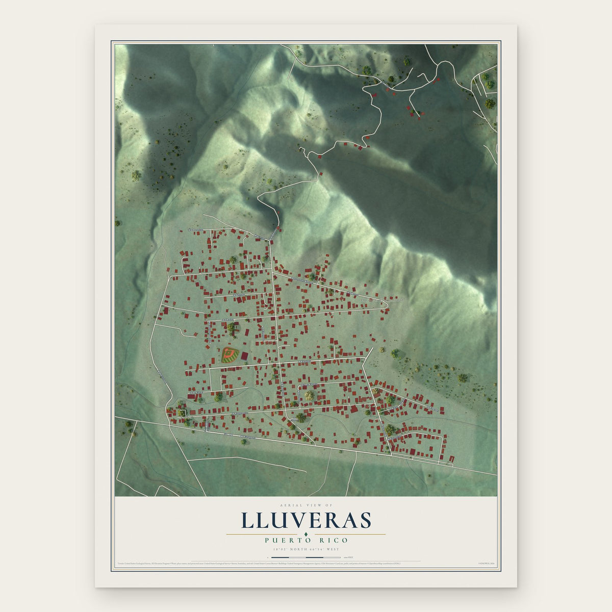 Lluveras, Puerto Rico map print, the full design