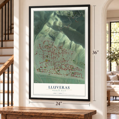 Lluveras, Puerto Rico map, 24 x 36 inch print in a black frame by a staircase