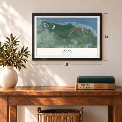 Loíza, Puerto Rico map, 12 x 18 inch print in a black frame in an entryway